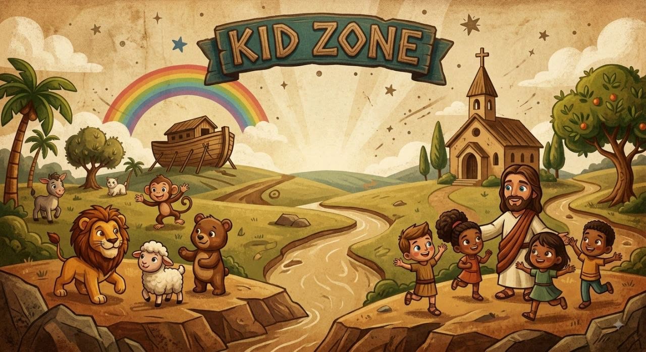Colorful Kid Zone illustration with Jesus, children, animals, Noah's Ark and a rainbow