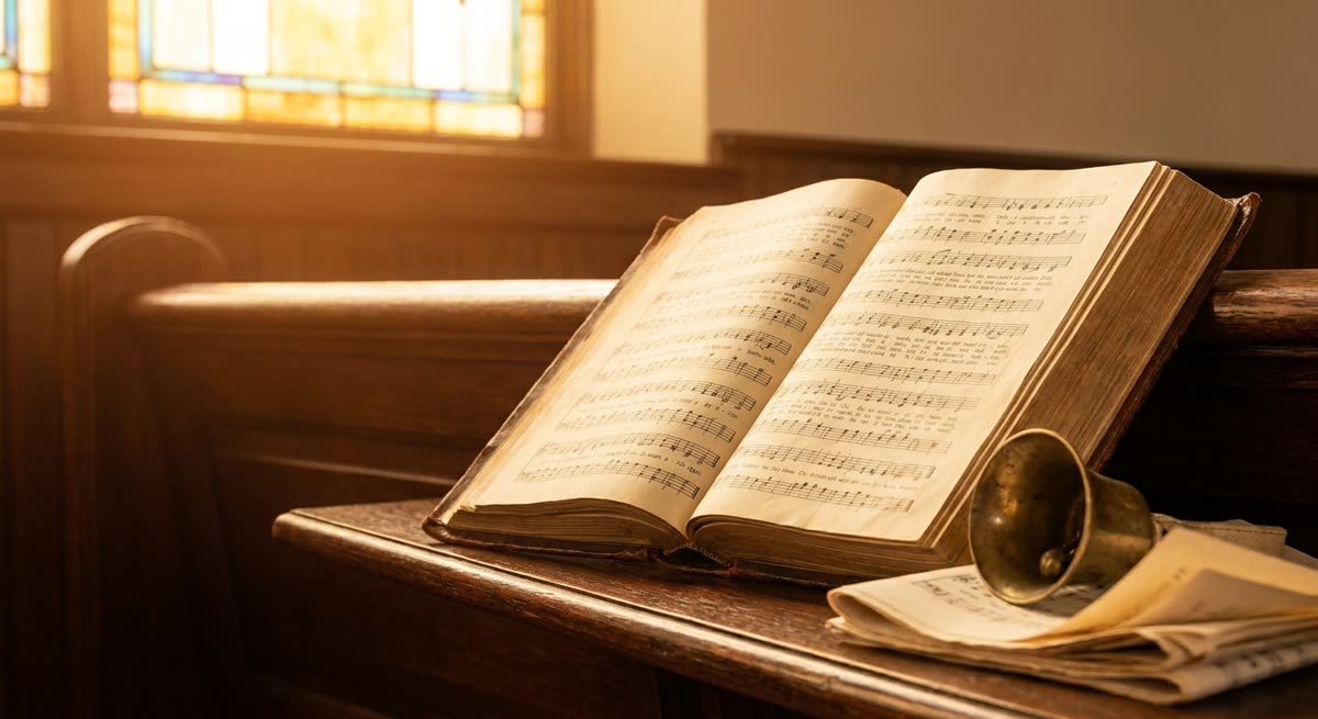 Hymnal and bell on a wooden church pew