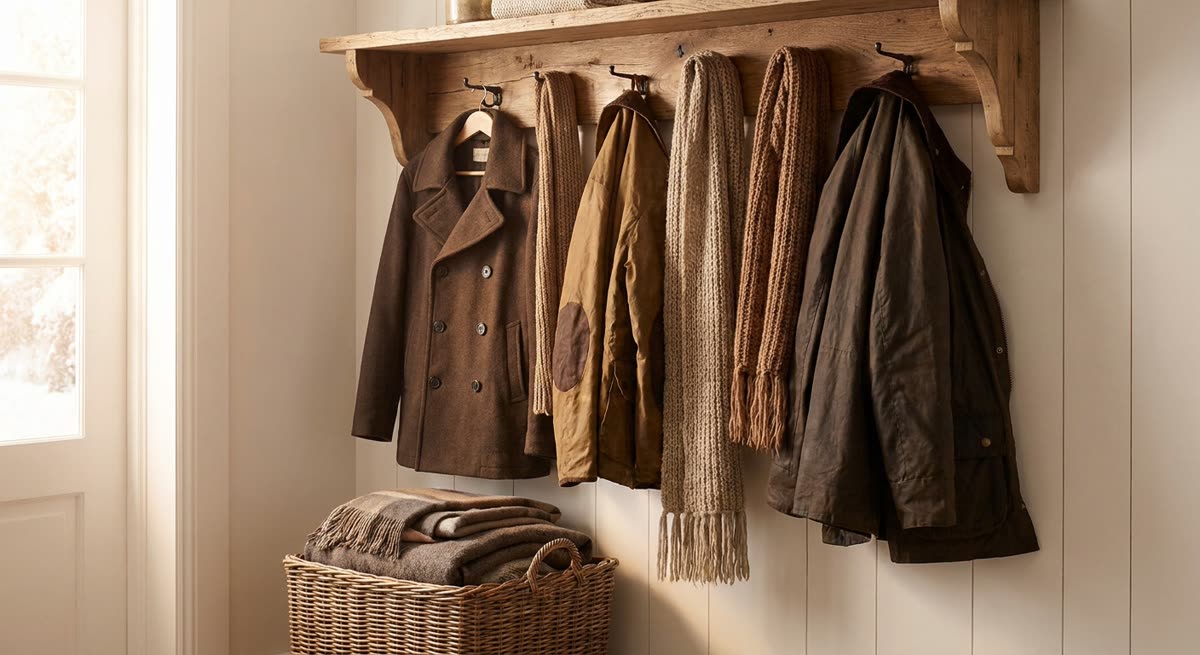 Winter coat rack with coats and scarves