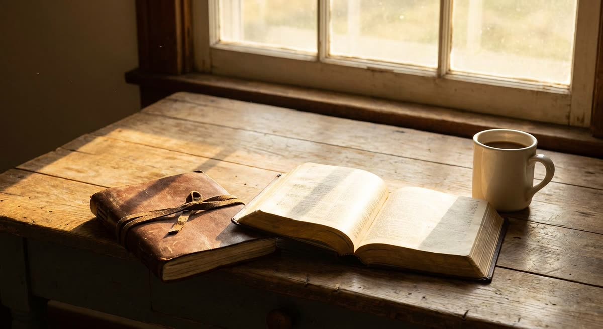 Open Bible, journal, and coffee mug on a wooden table