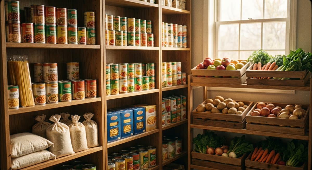 Well-stocked food pantry shelf