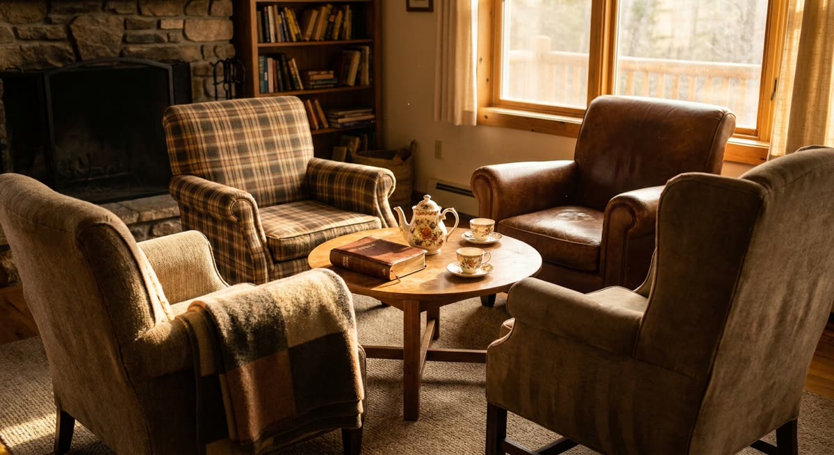 Cozy circle of chairs with a teapot and teacups