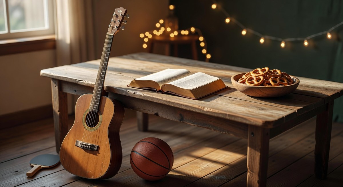 Open Bible, acoustic guitar, and snacks on a wooden youth room table